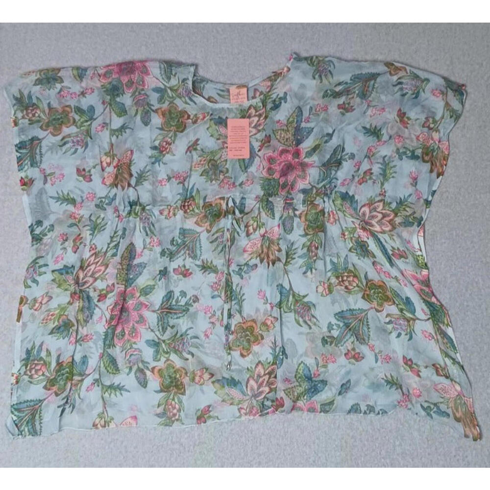 NWT! Sunflower Sheer Ponch Style Blouse Womens Size Free Size Blue Floral Print